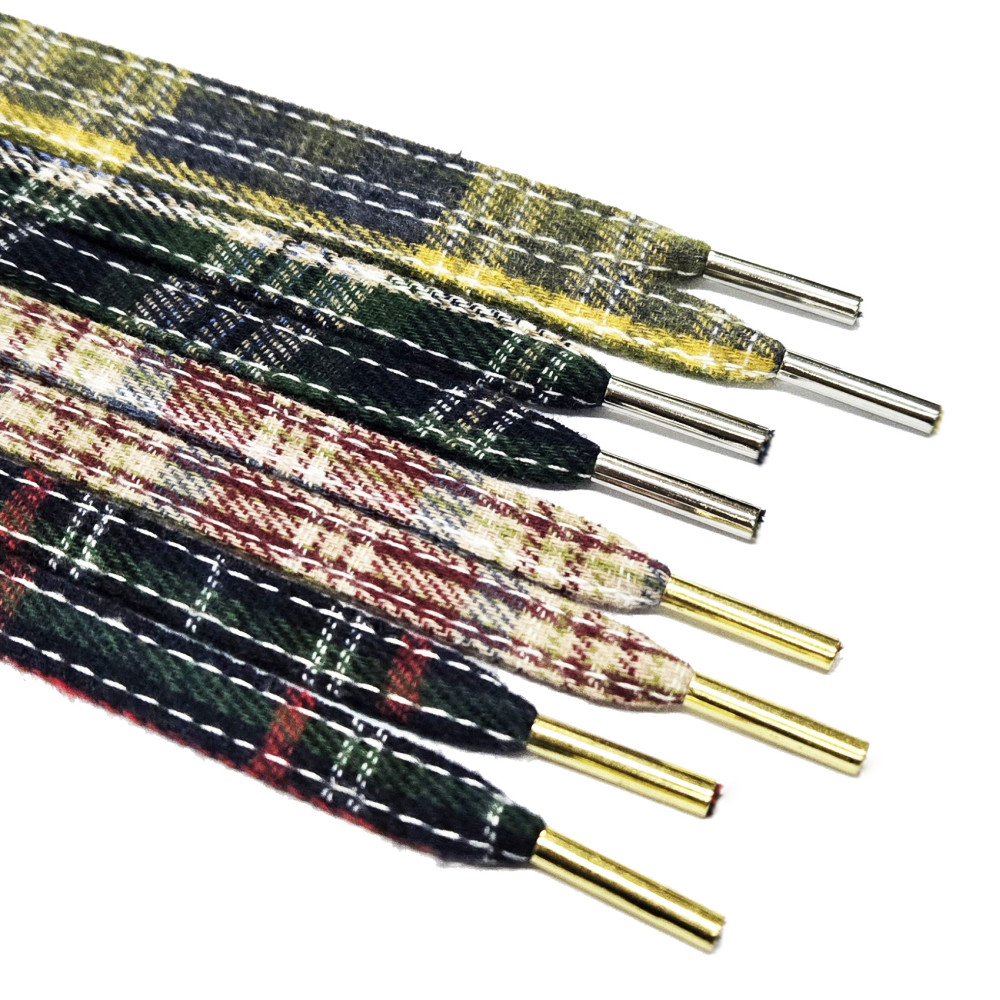 Tartan Pattern Fabric Flat Shoelaces - Navy - Yellow - Burgundy - Green